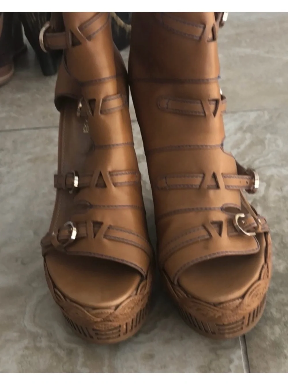 Sergio Rossi Tan Leather Cork Wedge Ankle Boot